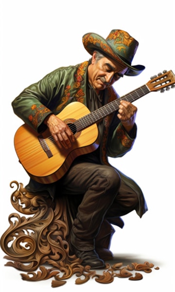אדם מנגן על גיטרה הבנויה מגב וצדדים מעץ מהגוני