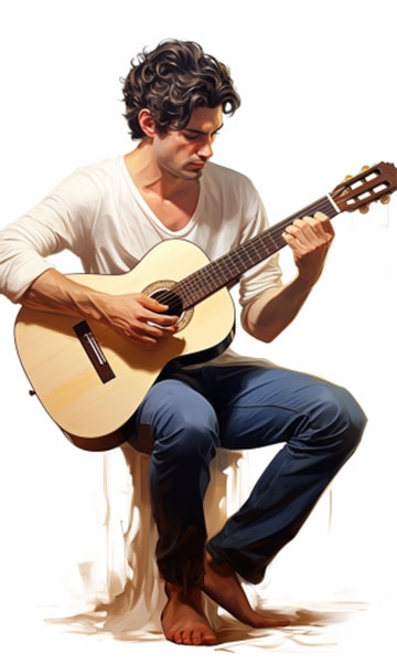 אדם מנגן על גיטרה הבנויה מגב וצדדים מעץ  פשוט