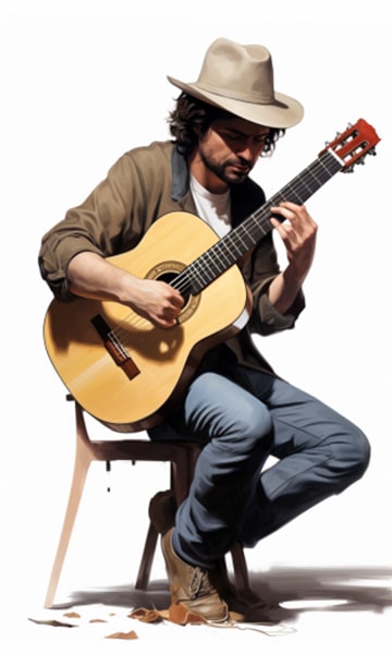 אדם מנגן על גיטרה הבנויה מעץ אשוח