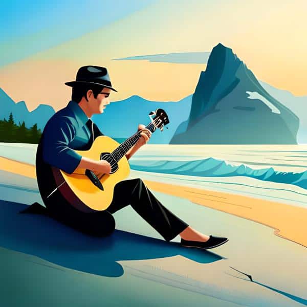 אדם מנגן על גיטרה בחוף הים