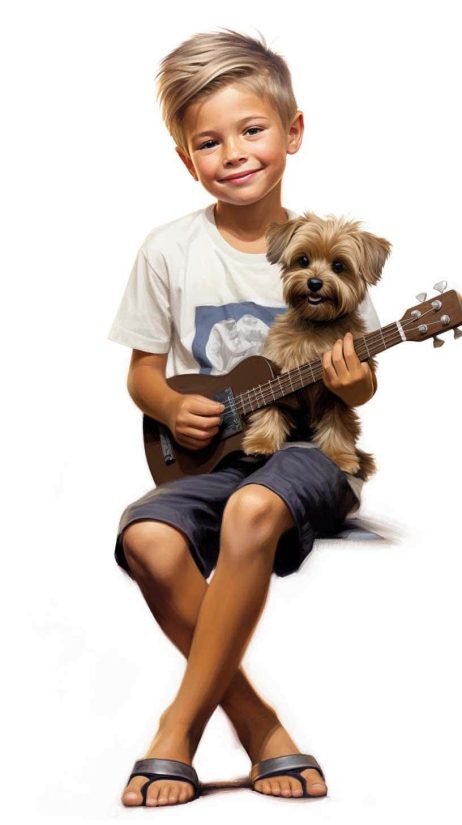 ילד מחזיק כלב פודל ומנגן על יוקלילי