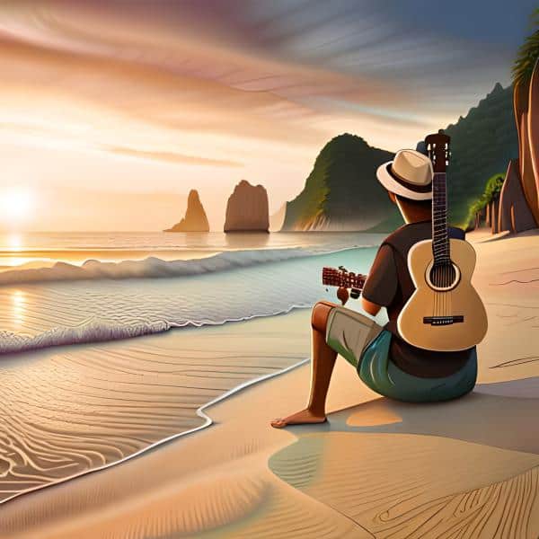 אדם עם גיטרה בחוף הים