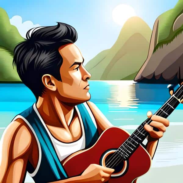 אדם מנגן על גיטרה בחוף הים בתיאלנד