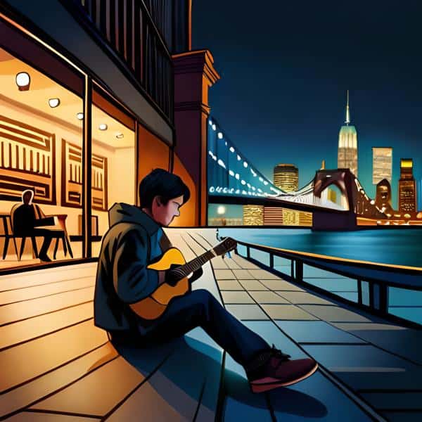 בחור מנגן על גיטרה אקוסטית ברחוב בניו יורק בלילה